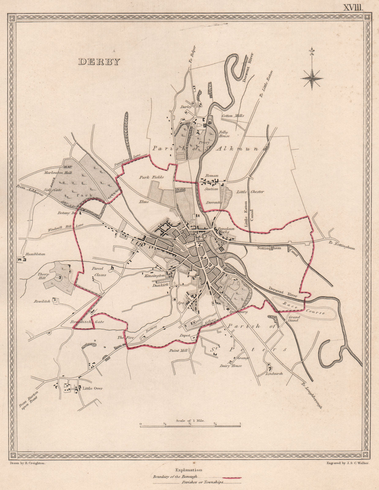 DERBY town & borough plan. Derbyshire. CREIGHTON/WALKER 1835 old antique map